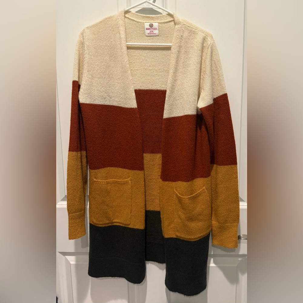 Women’s Open-Front Colorblock Cardigan - Cream, Rust, Mustard, & Charcoal Gray